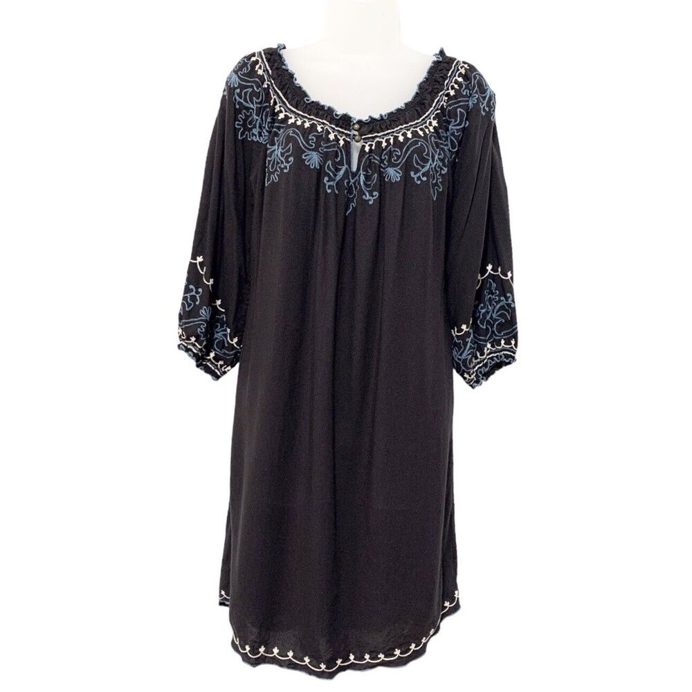 Lucky Brand M Black Embroidered Peasant Boho 3/4 Sleeve Tunic Dress